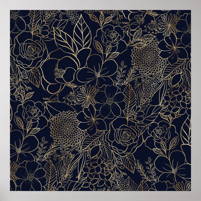 Modern Guld Blue Blommigt Doodles linjekonst Poster (Framsidan)