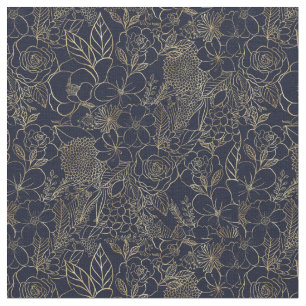 Modern Guld Blue Blommigt Doodles linjekonst Tyg