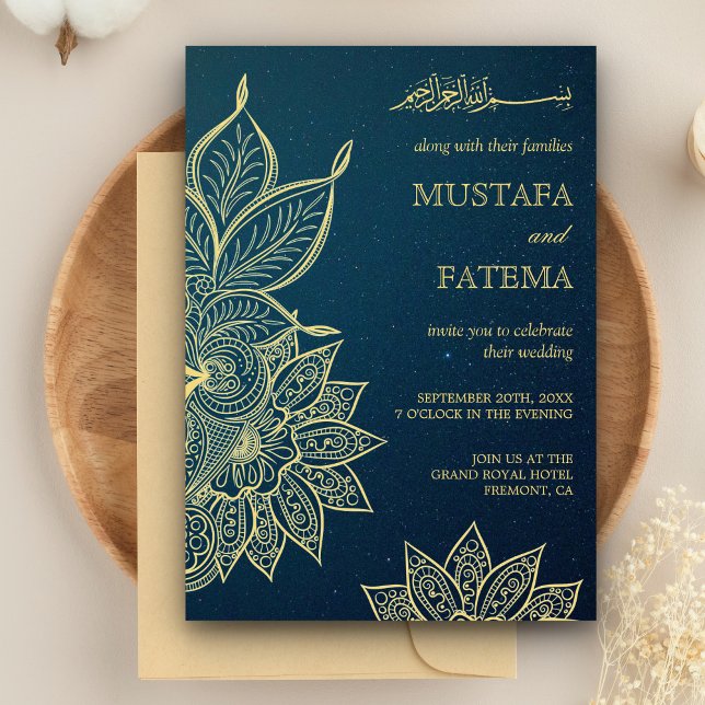 Modern Guld Blue Galaxy Henna Islamic Bröllop Inbjudningar (Skapare uppladdad)