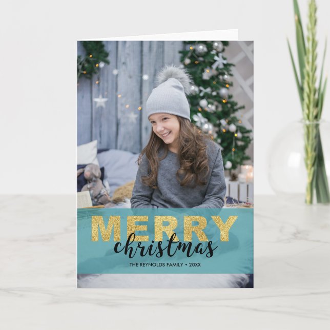 Modern Guld Blue God jul - Fotokort Helgkort (Framsida)