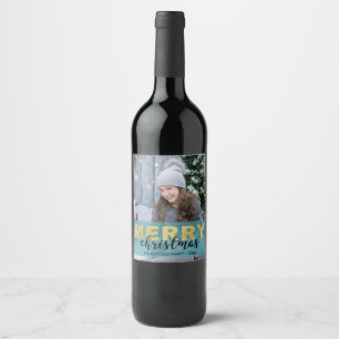 Modern Guld Blue God jul Photo Vin-etikett Vinflaska Etikett
