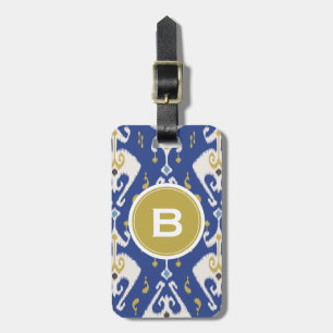 Modern guld blue ikat tribal mönster monogram bagagebricka