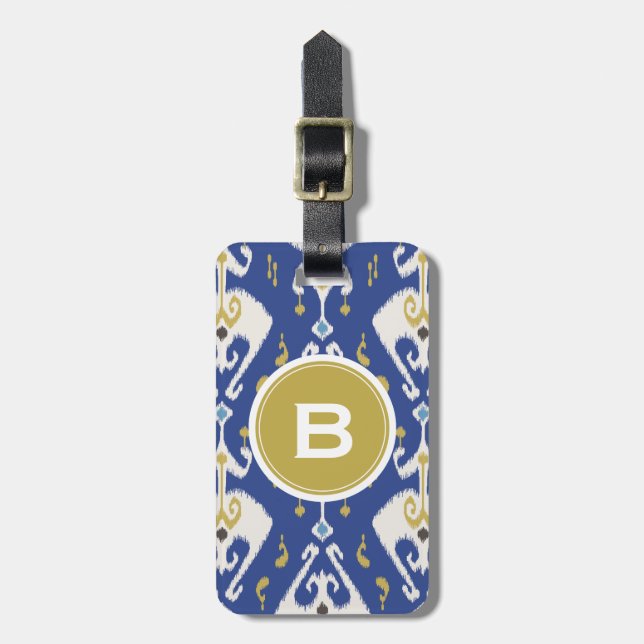 Modern guld blue ikat tribal mönster monogram bagagebricka (Vertikal Framsida)