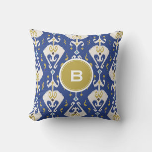 Modern guld blue ikat tribal mönster monogram kudde