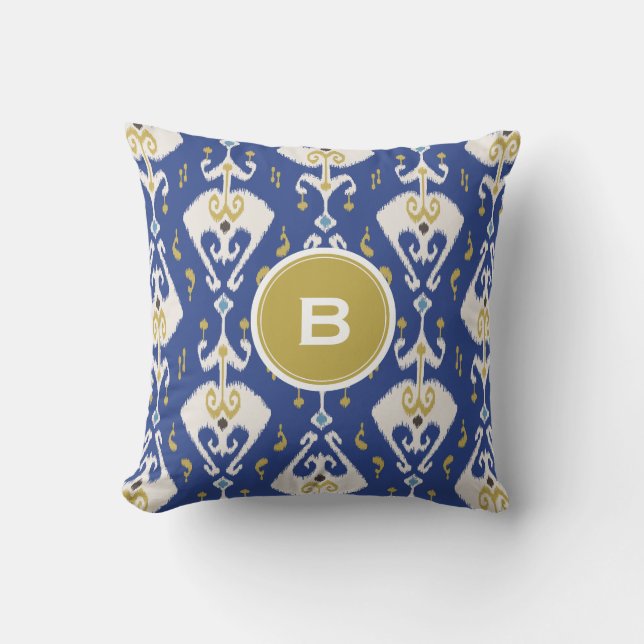 Modern guld blue ikat tribal mönster monogram kudde (Framsida)