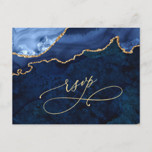 Modern Guld Blue Marble Agate Bröllop OSA Inbjudan Vykort