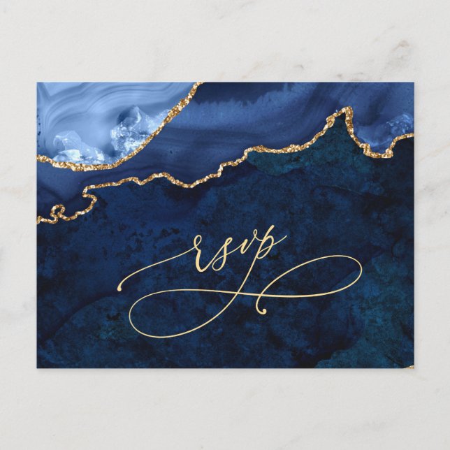 Modern Guld Blue Marble Agate Bröllop OSA Inbjudan Vykort (Framsida)