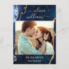 Modern Guld Blue Marble Agate PHOTO Bröllop Spara Datumet