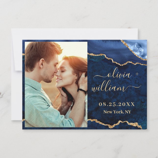 Modern Guld Blue Marble Agate PHOTO Bröllop Spara  Spara Datumet (Framsida)