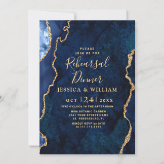 Modern Guld Blue Marble Agate REHEARSAL DINNER Inbjudningar
