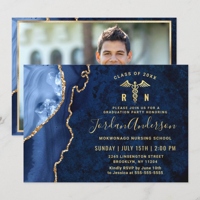 Modern Guld Blue Nursing School-Studentfest Inbjudningar (Fram/baksida)