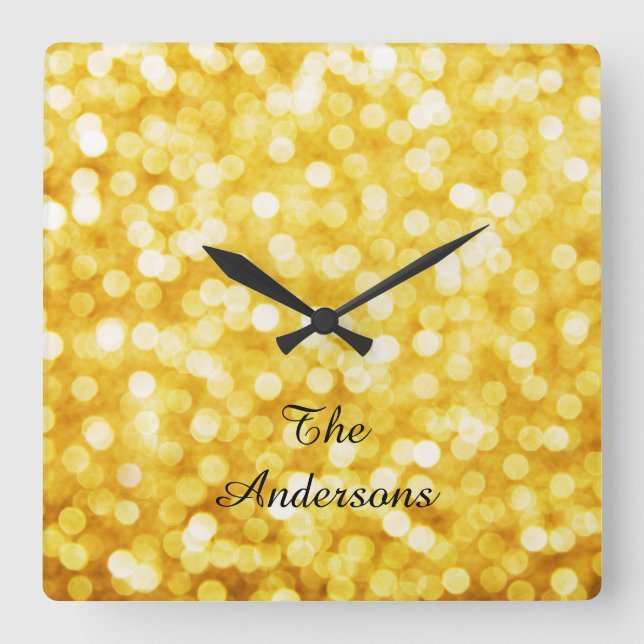 Modern Guld Bokeh Wall Clock Fyrkantig Klocka (Framsida)