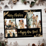Modern Guld botaniska 4 Photo Collage jul Po Vykort<br><div class="desc">Elegant, Modern Black och Guld Botanical Löv 4 Photo Collage God jul Helgdag Postcard. Denna festiva, imalistiska, viskösa 4 (4) fotobrevmall med helgdag innehåller ett söt fotokollage, faux guld foil botaniska löv, vinbär och säger God jul och Gott nytt år! Texten "God jul och Gott nytt år" hälsning är skriven...</div>