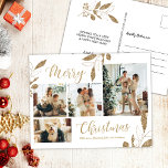 Modern Guld botaniska 4 Photo Collage-jul Vykort<br><div class="desc">Elegant, Modern Guld och Vitt botaniskt Löv 4 Photo Collage God jul Helgdag Postcard. Den här festliga, imimalistiska, viskösa 4-foto-vykortsmallen (4) innehåller ett söt fotokollage, faux guld foil botanical löv, winterbär och säger God jul! Texten "God jul" hälsning är skriven med ett vackert, handskrivet typsnitt på vit bakgrund. Söten är...</div>