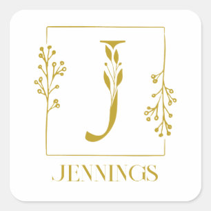 Modern Guld botaniska Monogram Brev J Fyrkantigt Klistermärke