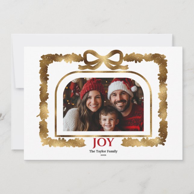 Modern Guld Bow Joy Jul Ribbon Photo Ram Inbjudningar (Framsida)