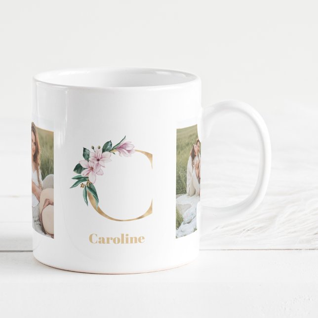 Modern Guld Brev C-blomma | Två fotomonogram Kaffemugg (Skapare uppladdad)
