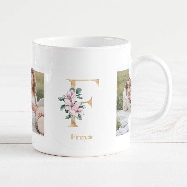 Modern Guld Brev F Flower | Två fotomonogram Kaffemugg (Skapare uppladdad)