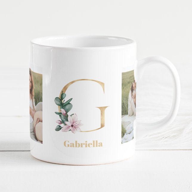Modern Guld Brev G Flower | Två fotomonogram Kaffemugg (Skapare uppladdad)