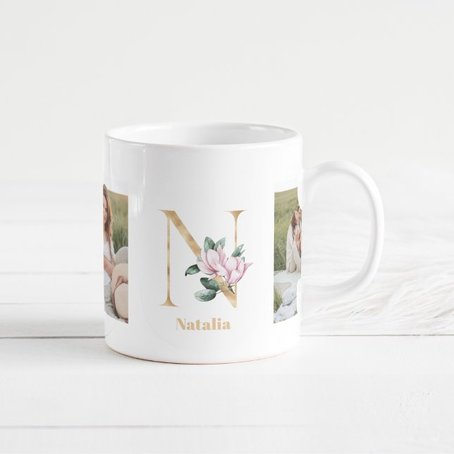 Modern Guld Brev N Flower | Två fotomonogram Kaffemugg (Skapare uppladdad)