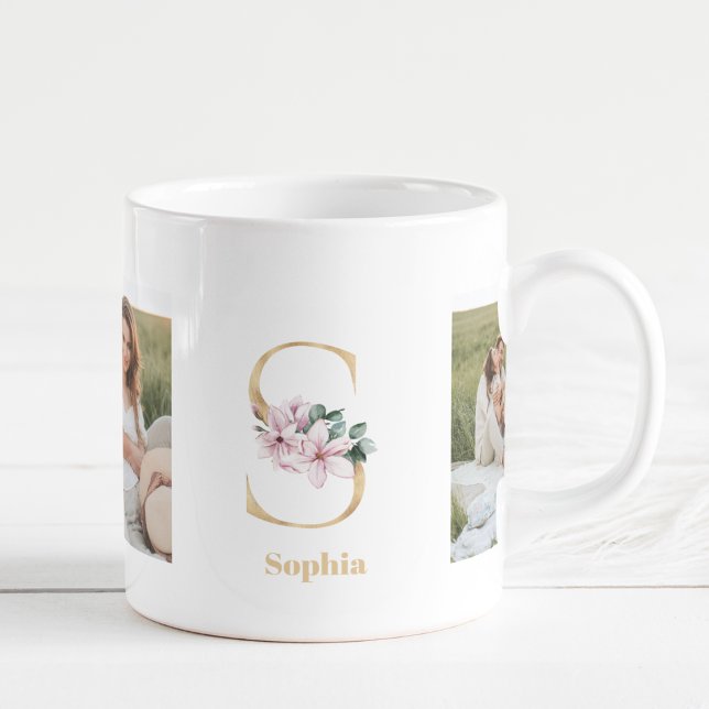 Modern Guld Brev S Flower | Två fotomonogram Kaffemugg (Skapare uppladdad)