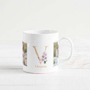 Modern Guld Brev V-blomma   Två fotomonogram Kaffemugg