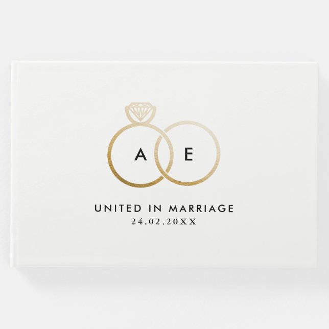 Modern Guld Bröllop Ringar-monogrambok Gästböcker (Framsida)