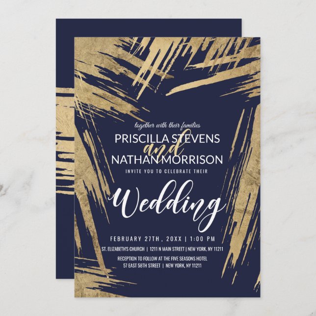 Modern Guld Bruschattfyllning - blå Chic Bröllop Inbjudningar (Fram/baksida)
