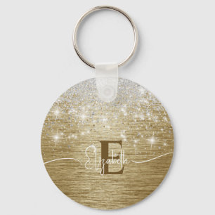 Modern Guld Brushed Metall Silver Glitter Monogram Nyckelring