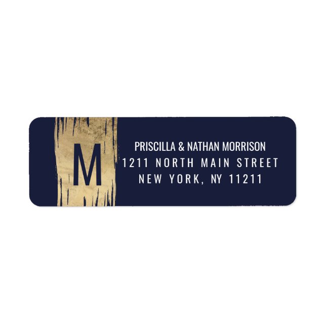 Modern Guld Brushstrokes Navy Blue Chic Adress Returadress Etikett (Framsidan)