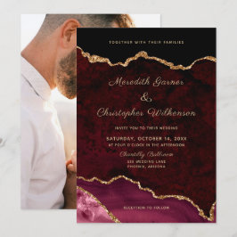 Modern Guld Burgundy Agate Photo Bröllop Inbjudningar