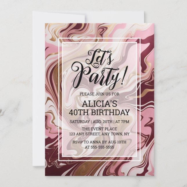 Modern Guld Burgundy Rosa Marble Fluid Birthday Inbjudningar (Framsida)