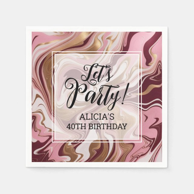 Modern Guld Burgundy Rosa Marble Fluid Birthday Pappersservett (Framsidan)