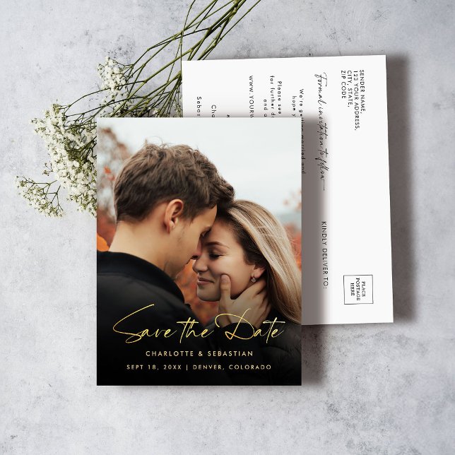 Modern Guld Calligraphy Photo Save Date Meddelande Vykort (Skapare uppladdad)