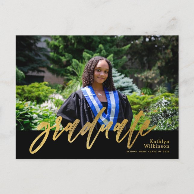 Modern Guld Calligraphy Simple Photo Studenten Inbjudan Vykort (Framsida)