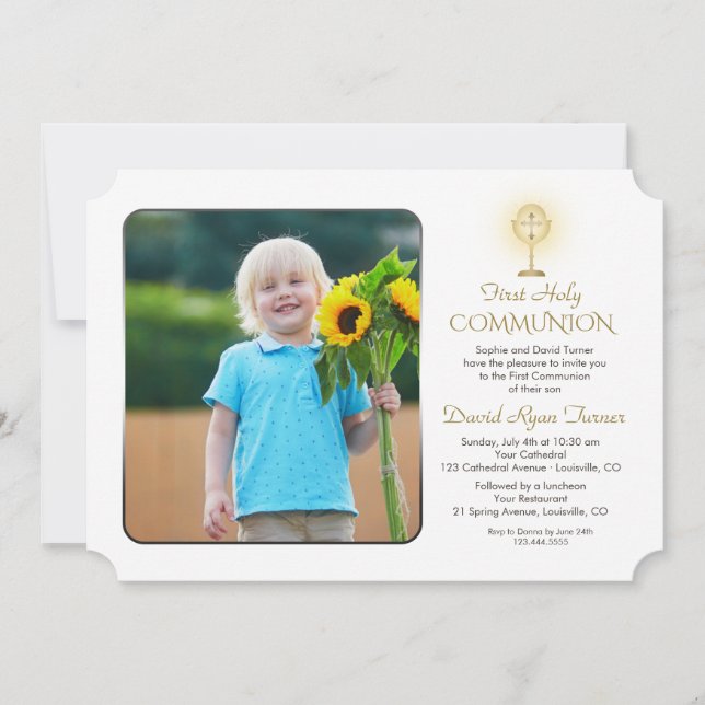 Modern Guld Chalice Photo Boy 1st Heliga Communion Inbjudningar (Framsida)