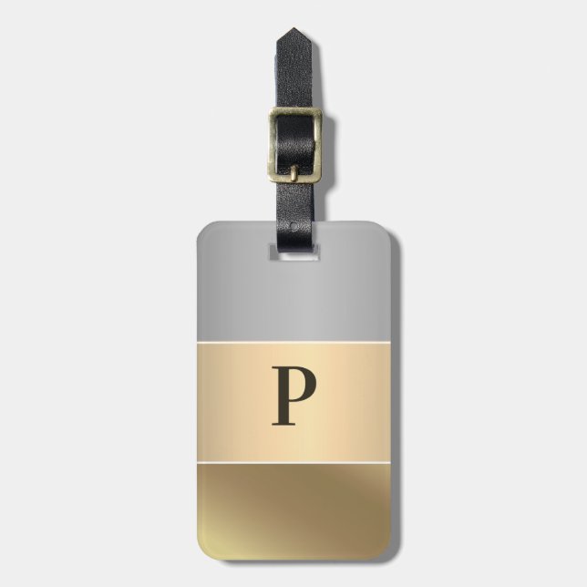 Modern Guld Chopper Silver Metallic Mongram Namn Bagagebricka (Vertikal Framsida)