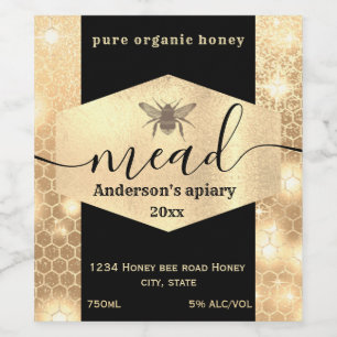 Modern guld comb mead honey bee vin vinflaska etikett