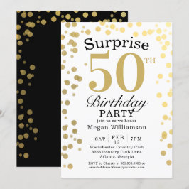 Modern Guld Confetti Black Surprise 50:e födelseda Inbjudningar