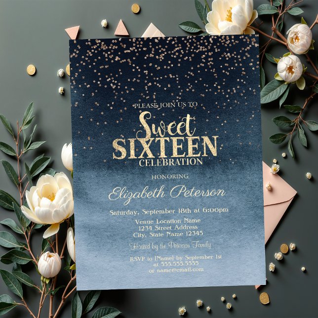 Modern Guld Diamanter Konfetti Marinblå Sweet 16 Inbjudningar (Skapare uppladdad)