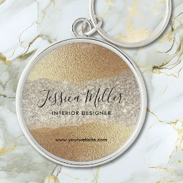 Modern Guld Diamond Glitter Faux Foil Luxury Glam Rund Silverfärgad Nyckelring