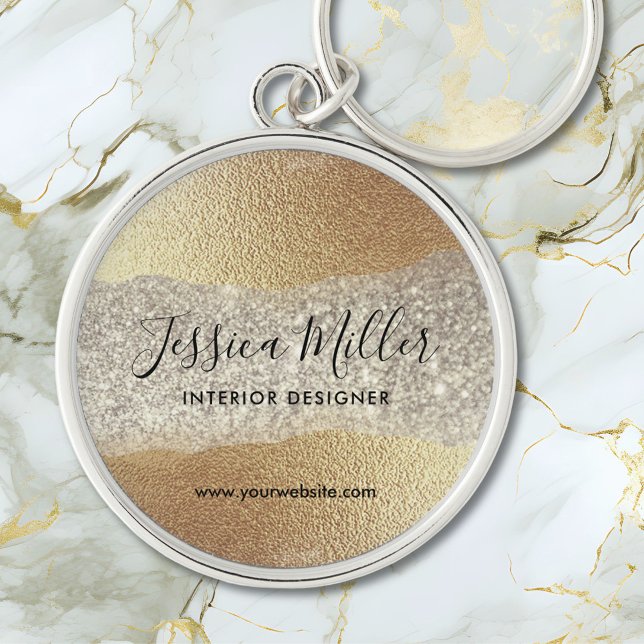 Modern Guld Diamond Glitter Faux Foil Luxury Glam Rund Silverfärgad Nyckelring (Close up)