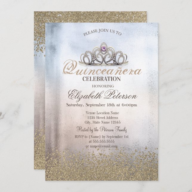 Modern Guld Diamonds,Tiara Metallic Quinceañera Inbjudningar (Fram/baksida)