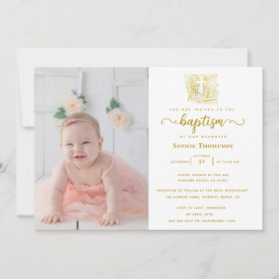 Modern Guld Dove Kor Religiösa Baptism Photo Inbjudningar
