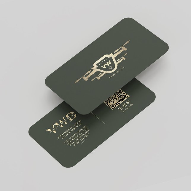 Modern Guld Drone Tech Monogram Mörk grönt Visitkort (Modern Gold Drone Operator Monogram Dark Green Business Card
)