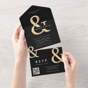 Modern guld et-tecken svart QR-kod RSVP bröllop