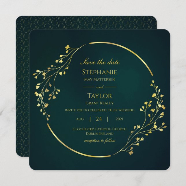 Modern Guld Eucalyptus-Grönt sparar datum Inbjudningar (Fram/baksida)