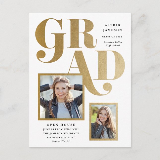 Modern guld examen 2 foto examensfest vykort (Framsida)