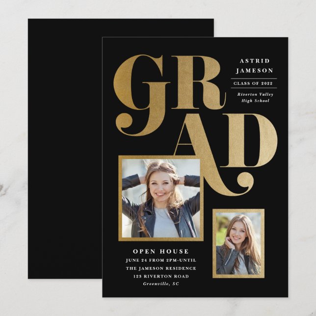 Modern guld examensfoto examensfirande inbjudningar (Fram/baksida)