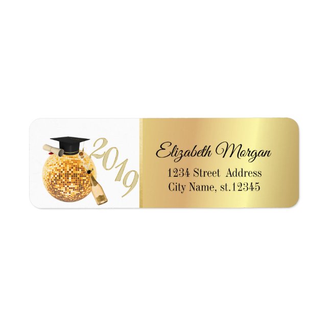 Modern guld examensmössa,Disco boll,Vin Returadress Etikett (Framsidan)
